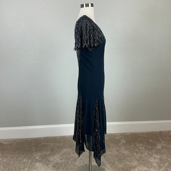 JKara Beaded Chiffon Short Sleeve Fit and Flare Midi Cocktail Dress Blue Size 6 - Picture 3 of 12